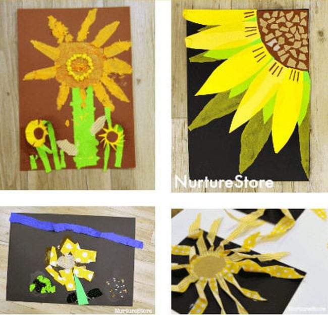 Collage of art projects depicting sunflowers, made in a variety of styles