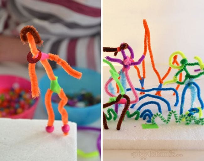 Sculptures are made from pipe cleaners.
