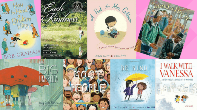 A collage of children's books about kindness as an example of social emotional activities