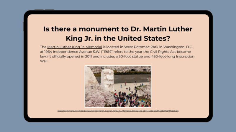 Google slide with photo of Martin Luther King Jr. monument and info about it.