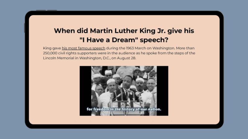 Google slides with info and video of Martin Luther King giving 