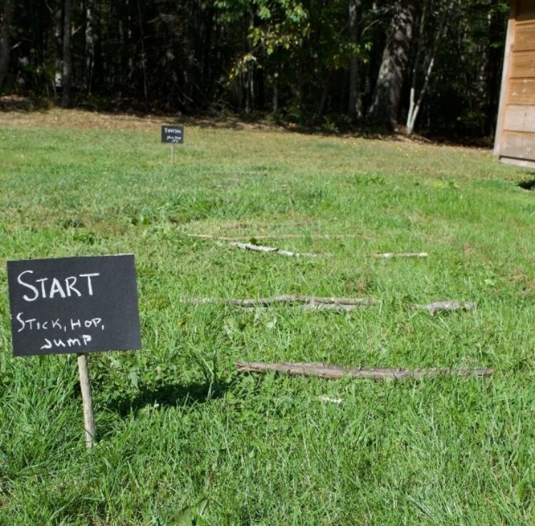 A grass lawn is shown with a small chalkboard that says "Start." Sticks are laid out horizontally in a line.