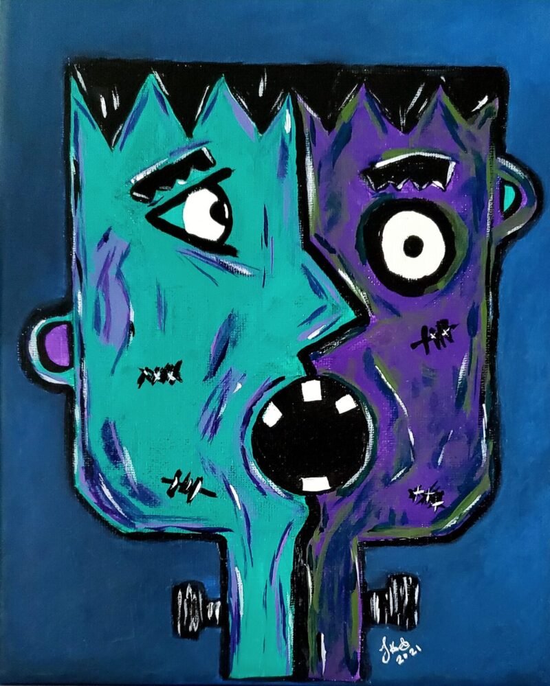 A drawing of a Picasso head in teal and purple is shown.