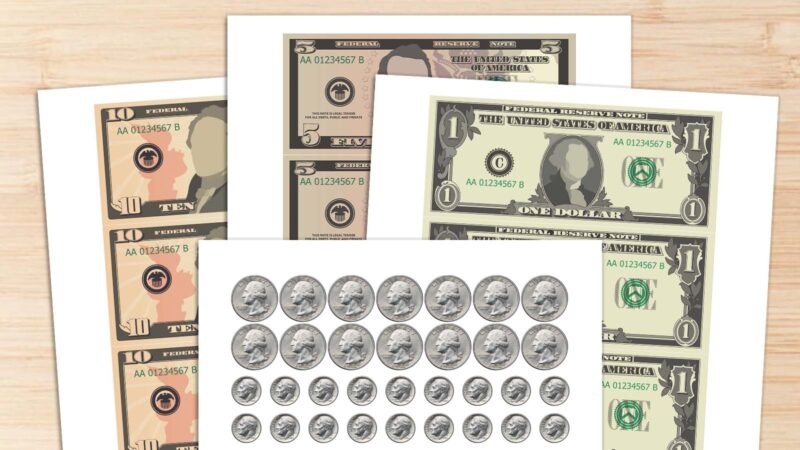 Printable sheets of play money cash and coins.