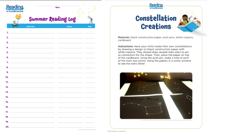 RIF summer reading program materials including reading log and constellations activity.