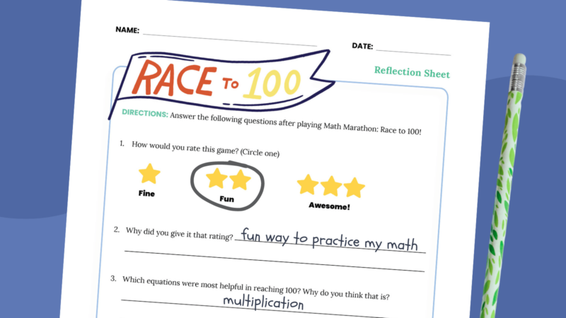 Image of the Reflection Sheet for the middle school math game Race to 100