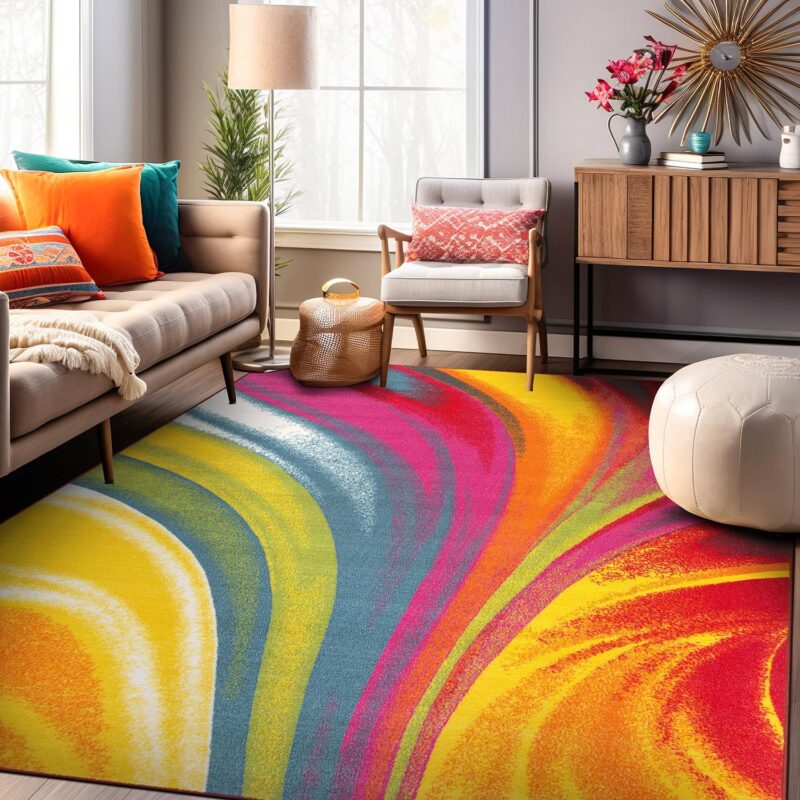 A rug with a swirl of rainbows is shown. 
