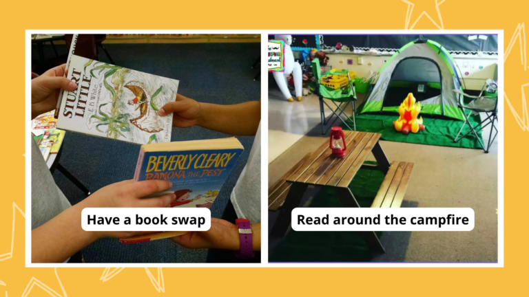 students exchanging books and classroom with a camping theme