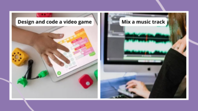 Collage of STEM lessons from Verizon Innovative Learning, including design and create a video game and mix a music track.