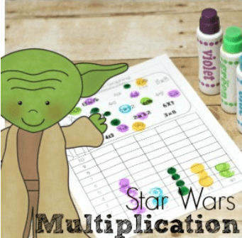 Cartoon Yoda with a printable multiplication worksheet