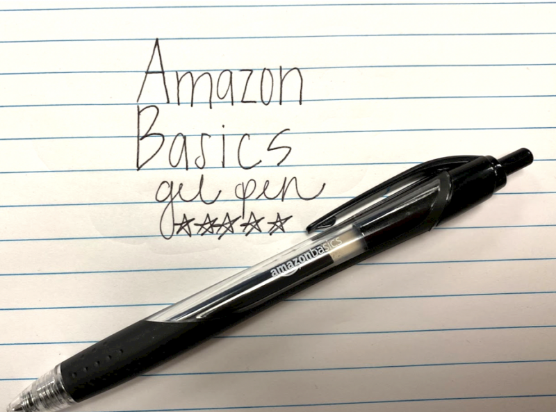 Looking for suggestions for a slim pen for taking notes (example below). I  write quickly and need a pen that won't smear or leave trails of ink  between characters if I don't