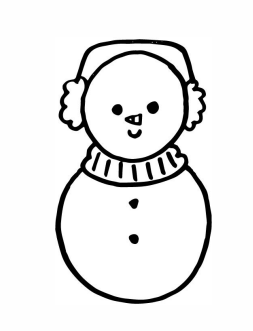 A black marker drawing of a snowman on a white background is shown. It has two small black eyes, a triangle shape nose, a u shape mouth, a scarf, ear muffs, and two buttons on its body. 