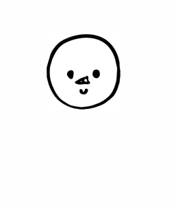 A black marker drawing on a white background has a round circle with two small dots for eyes, a small sideways triangle for a nose, and a small U shape for a mouth. This forms the head in the first step of how to draw a snowman. 