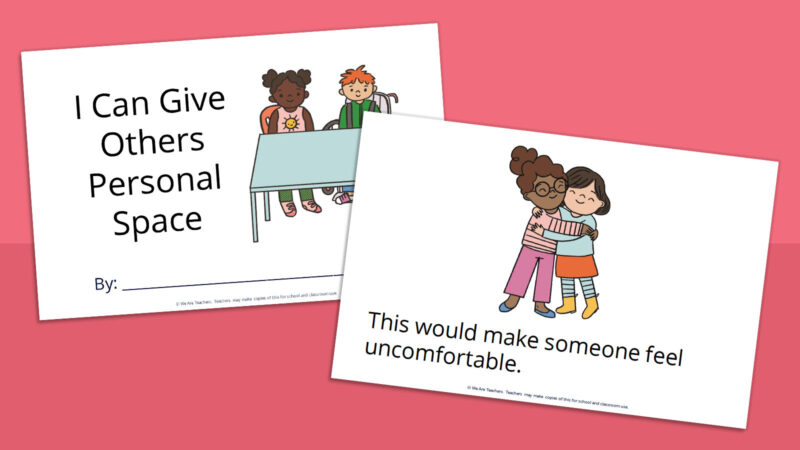 Printable social stories book for kids called I Can Give Others Personal Space.