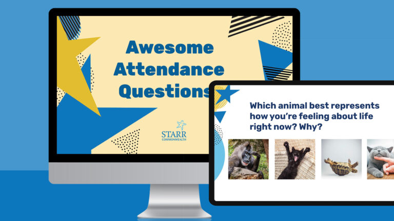 Images of the title slide and one question slide from the Attendance Questions for high school and middle school slideshow