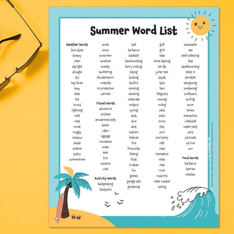 Printable list with summer words on square yellow background.