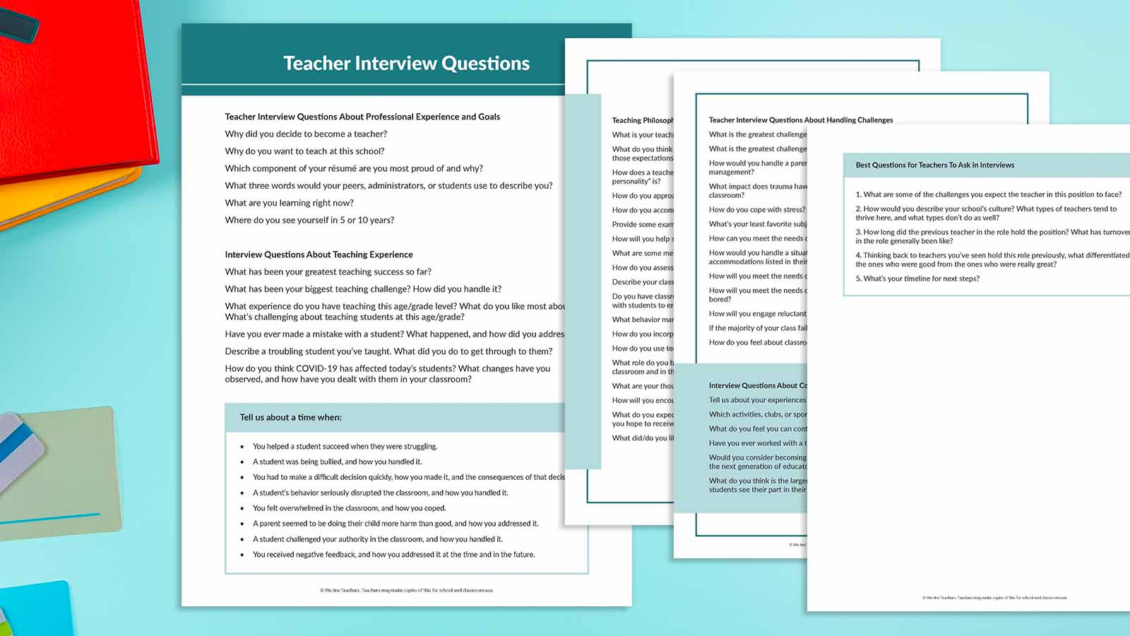 Printable teacher interview questions on desk.