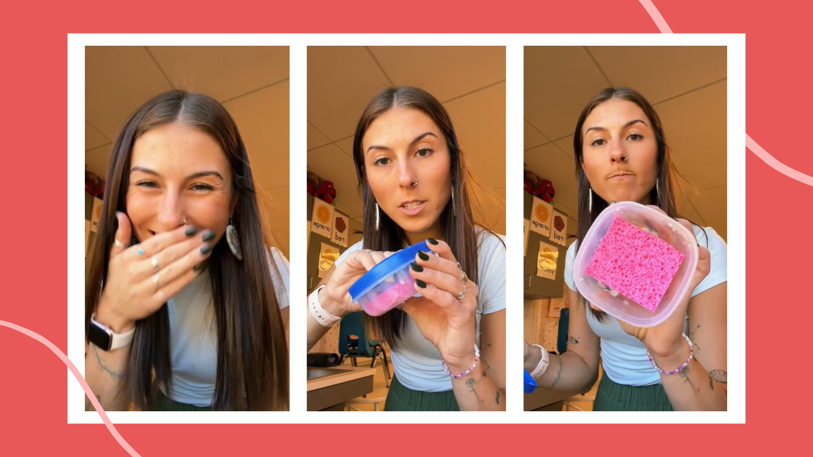 This teacher uses glue sponges inside a tupperware to keep glue contained inside her classroom.