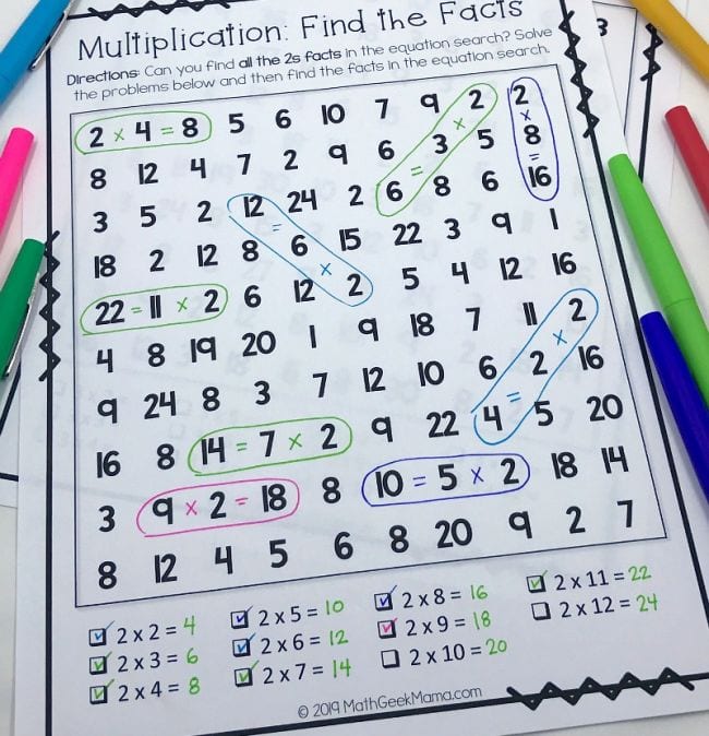 Multiplication fact search printable worksheet