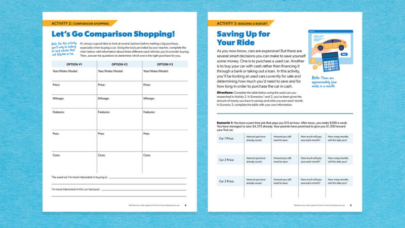 Images of two worksheets from the How to Buy Your First Car lesson plan bundle