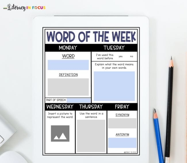 A vocabulary worksheet for children to learn a word a week as an example of vocabulary activities