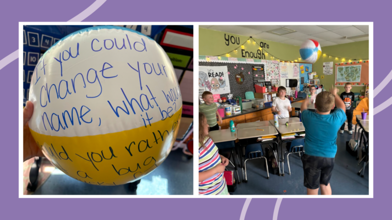 Collage of beach ball with icebreaker questions written on it, and students tossing the ball
