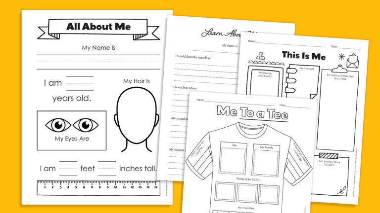 Flat lay of all about me worksheets