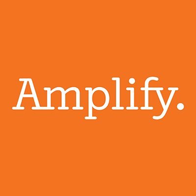 Logo for the company Amplify, showing the word Amplify. on an orange background