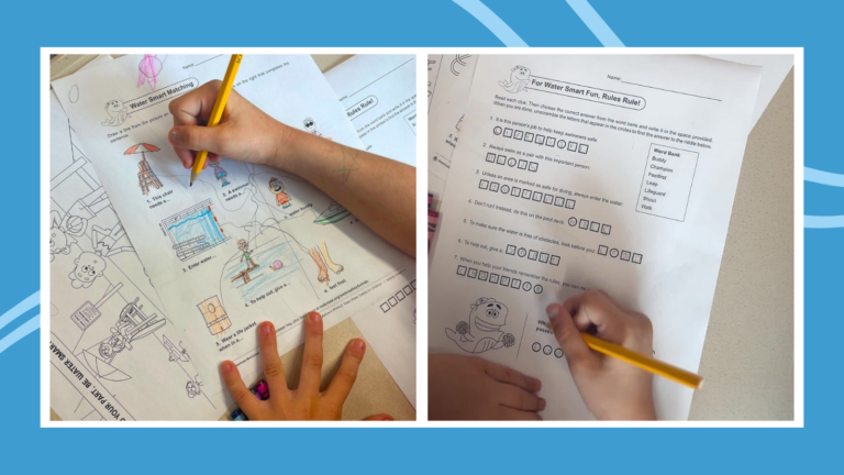Collage of filled out water safety worksheets