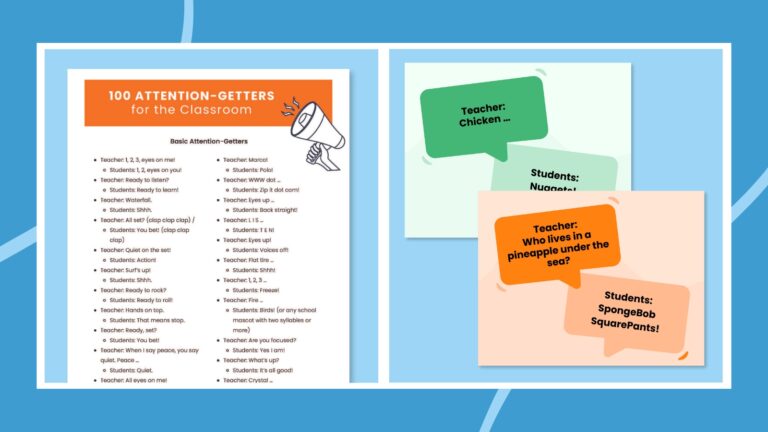 Printable list and posters featuring classroom attention getters.