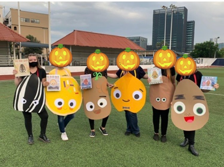 Teachers dressed as characters from the book The Bad Seed