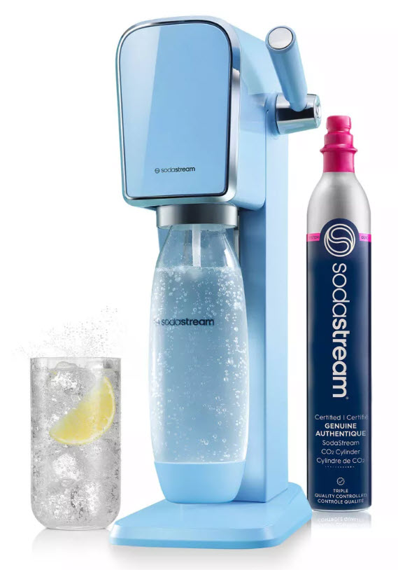 SodaStream Art machine in light blue, with CO2 cannister and glass of sparkling water