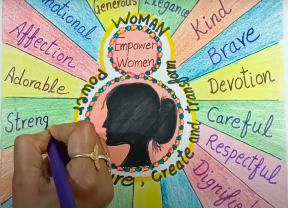 A cutout of a woman's profile is surrounded by colorful sections, each with a description of the pictured woman