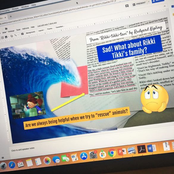 A news article displayed on a computer screen with comments and an emoji laid over the print as an example of creative book report ideas