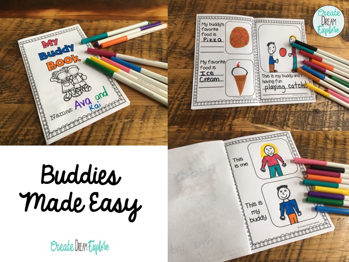 3 shots of a buddy activity book for younger kids and older kids to complete together