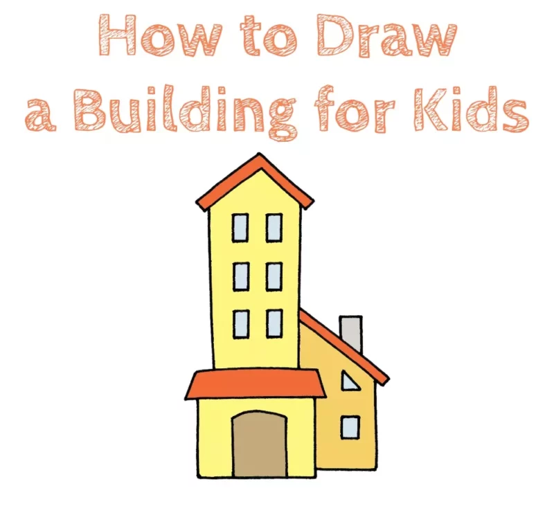 Text says How to Draw a Building for Kids. There is a simple tall building shown.