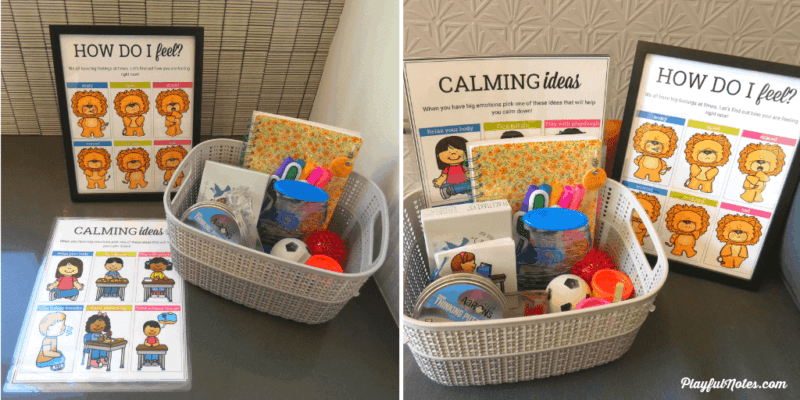 A basket filled with calm down toys and strategies