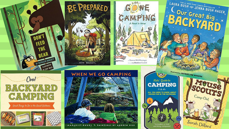 Collage of book covers of camping books for kids