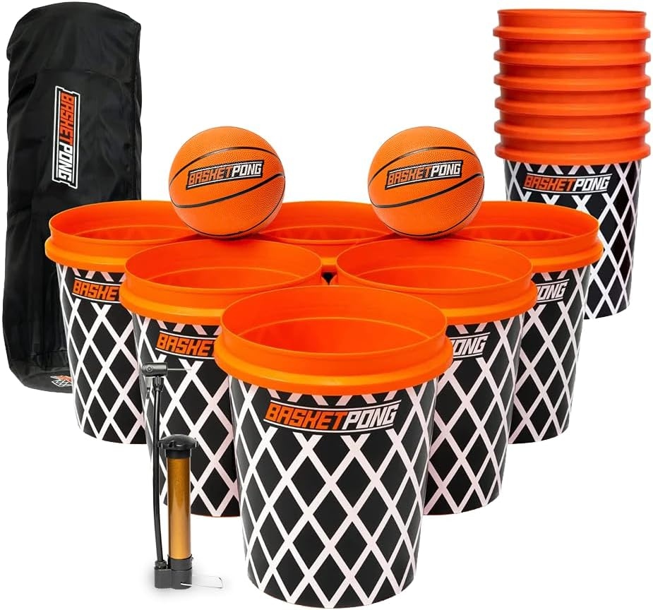 Basketpong game with large buckets and basketballs