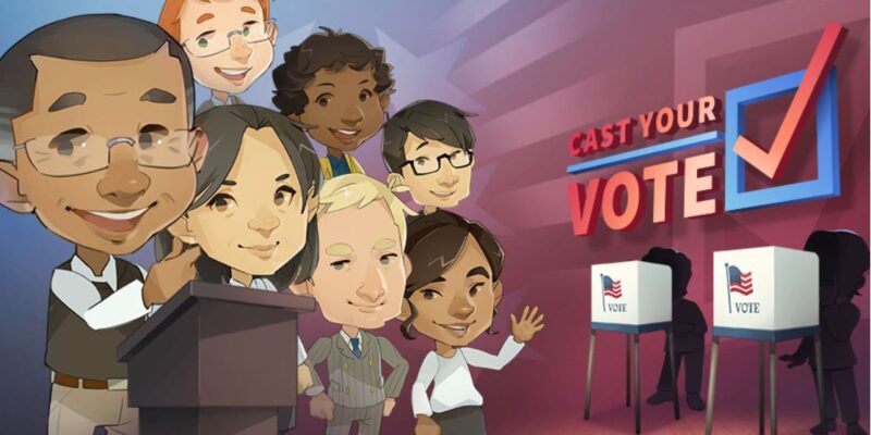 cast your vote banner with people standing by a voting sign teaching election resource