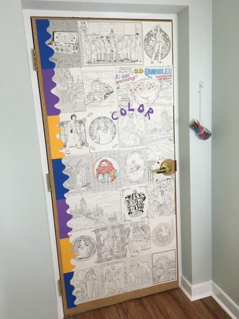 door covered in coloring sheets 