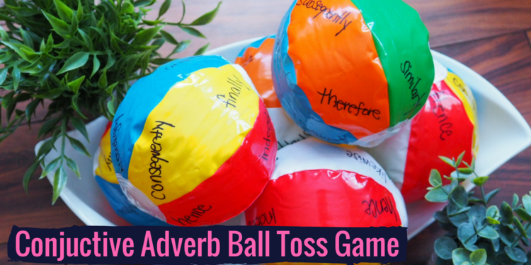 Colorful beach balls with conjuctive adverbs written on each section with marker as an example of grammar games