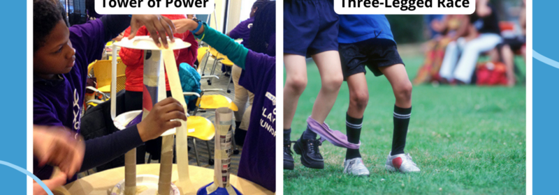 Examples of cooperative games for kids including two kids running a three-legged race and two students building a Tower of Power out of recycled materials.