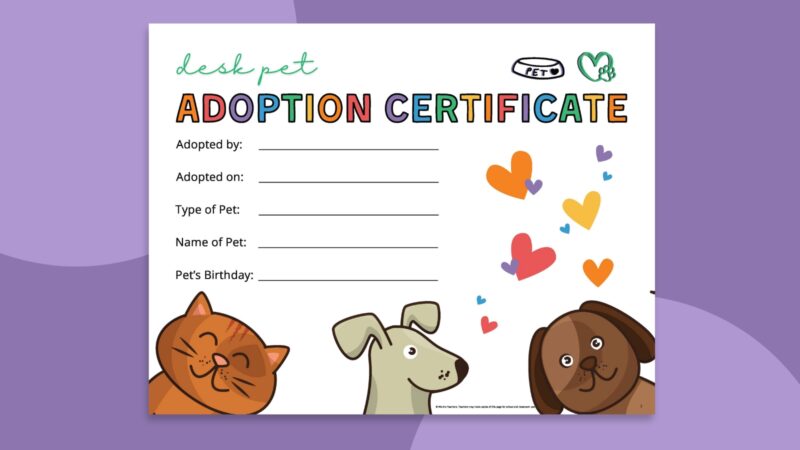 Printable desk pets adoption certificate on purple background.
