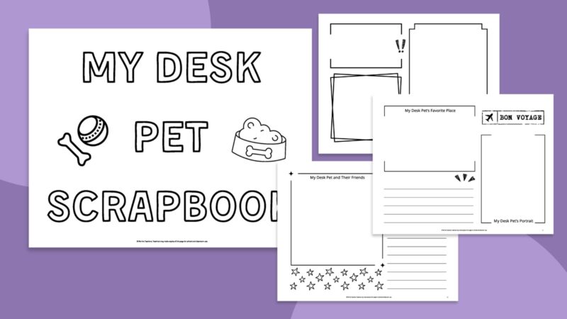 Printable desk pets scrap book on purple background.