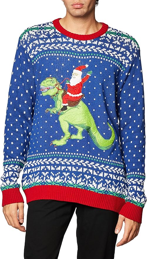 sweater with santa claus riding a dinosaur for holiday party game - staff party games