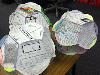 A book report made from 12 sheets of paper put together to form a dodecahedron as an example of creative book report ideas