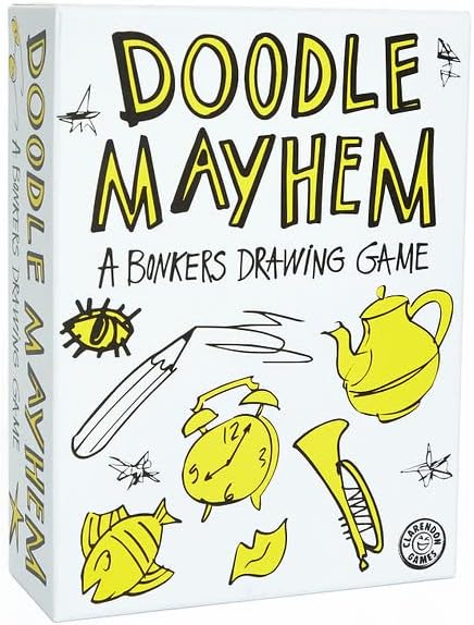 Drawing games include boxed ones like this white box that says Doodle Mayhem on it in yellow writing.