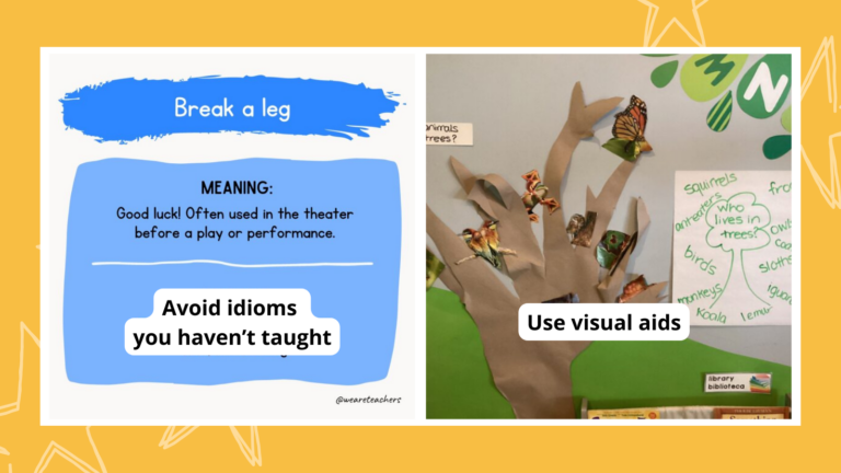 Two examples of strategies to support ELL students including use of visual aids and avoiding idioms.