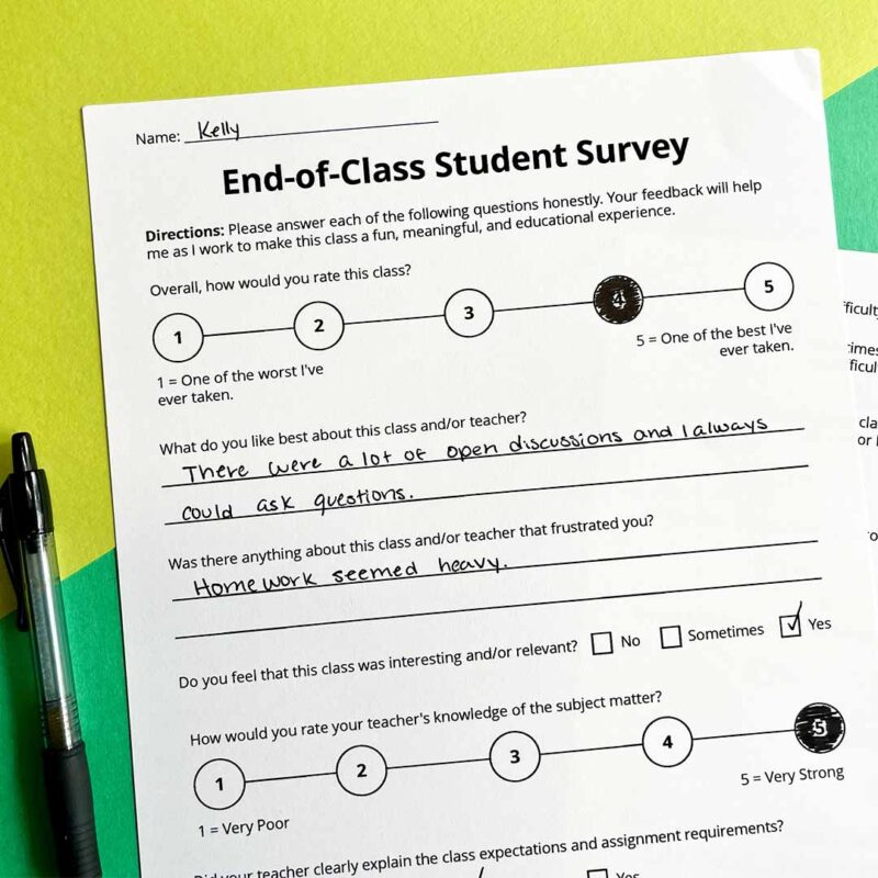 survey that a teacher can use at the end of a class with questions and lines for student response 